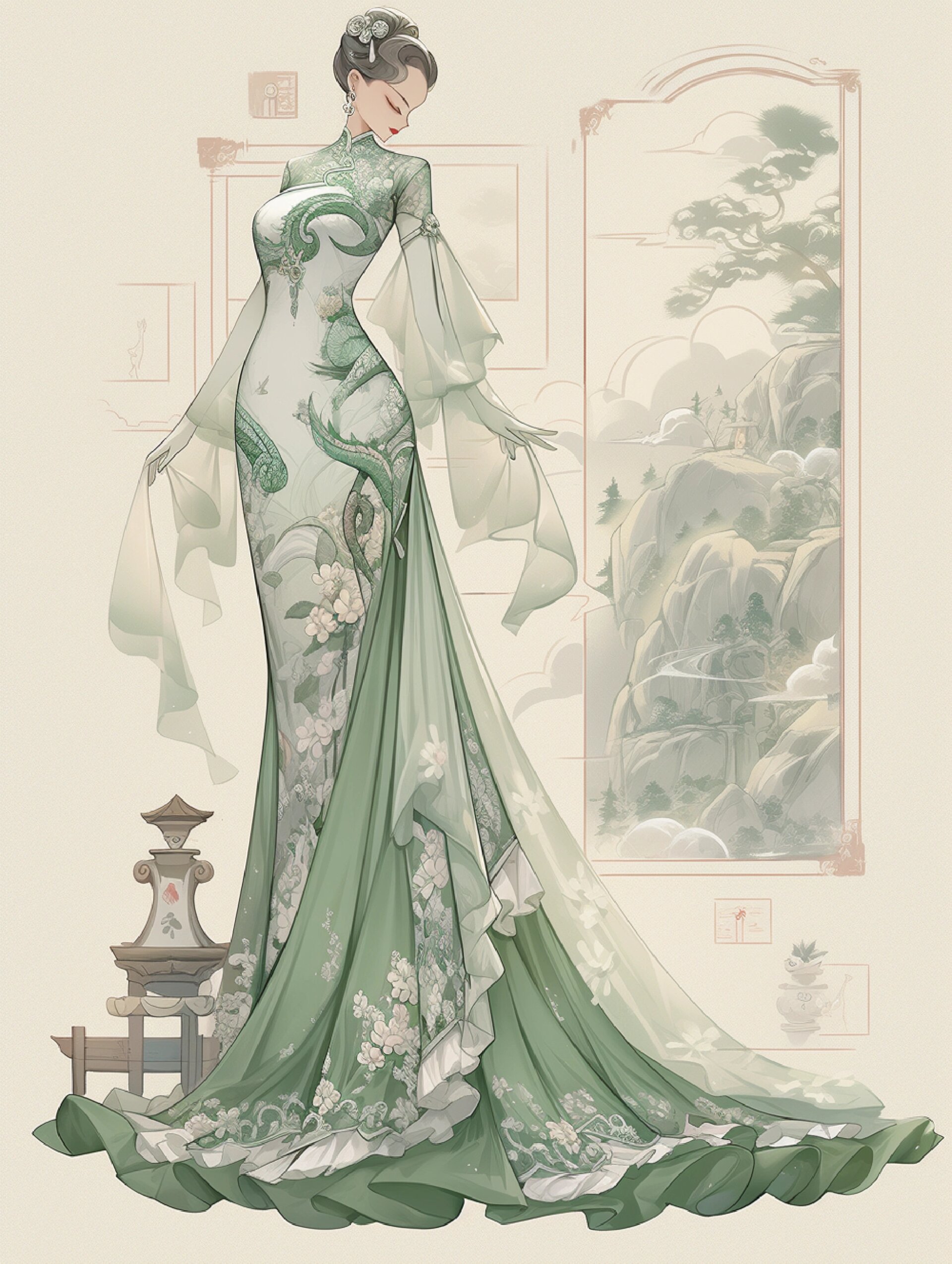 新中式旗袍礼服 | 服装效果图