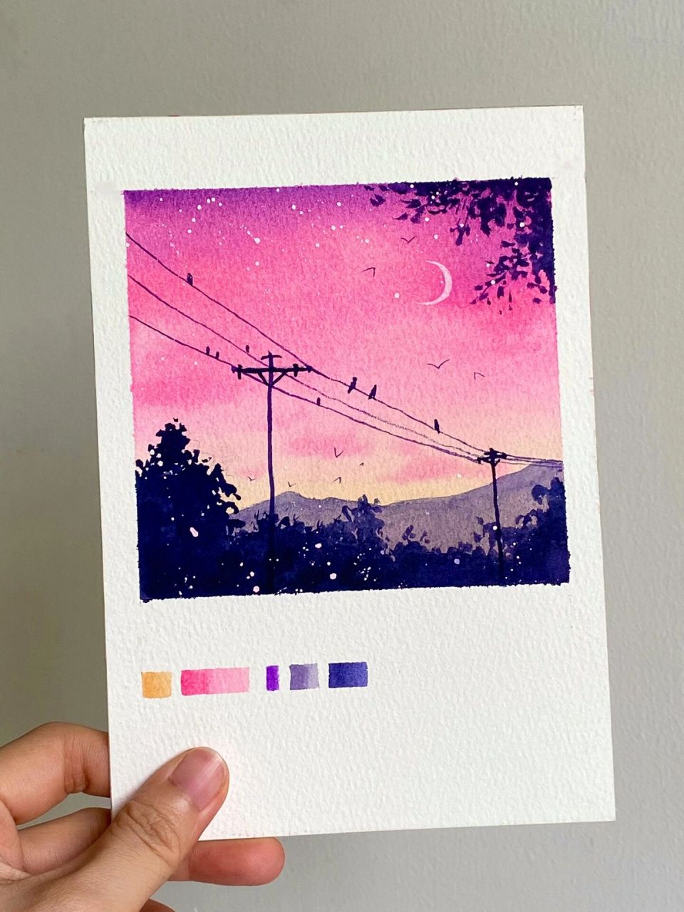 水彩入门风景|简单浪漫的粉色天空教程来啦 工具:马利水彩颜料,宝虹中