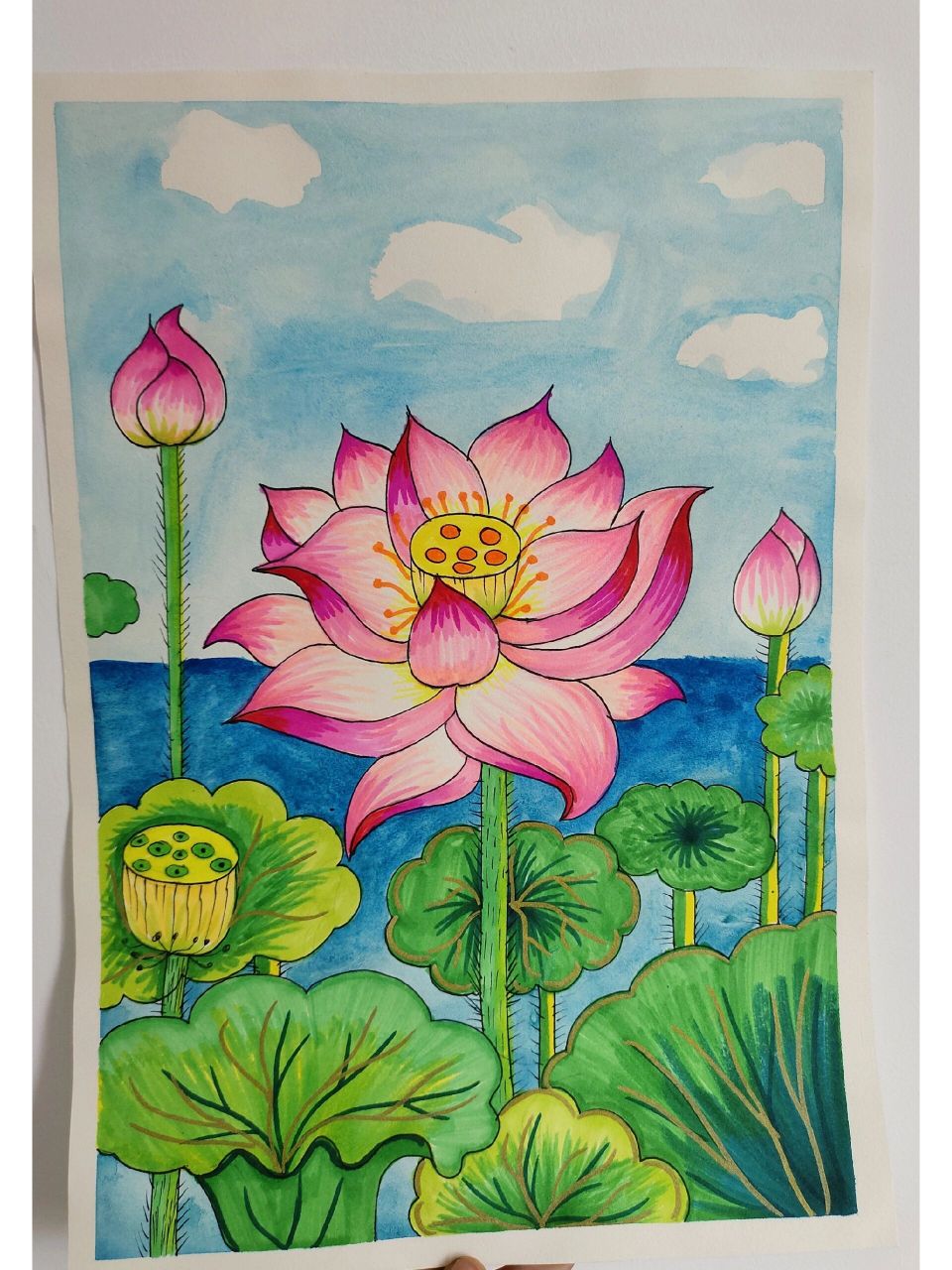 创意儿童画《荷花》 古诗配画《小池》 小荷才露尖尖角,早有蜻蜓立上