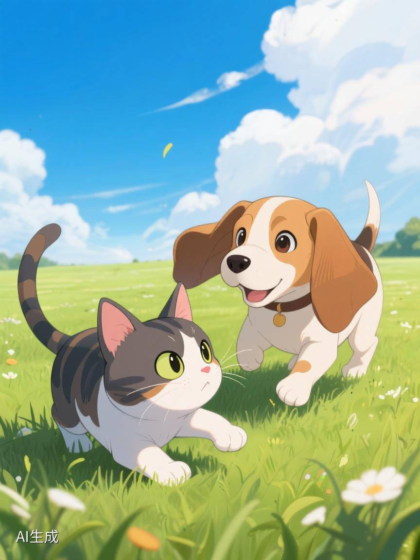 ai妙生图在绿草地,猫与狗相视