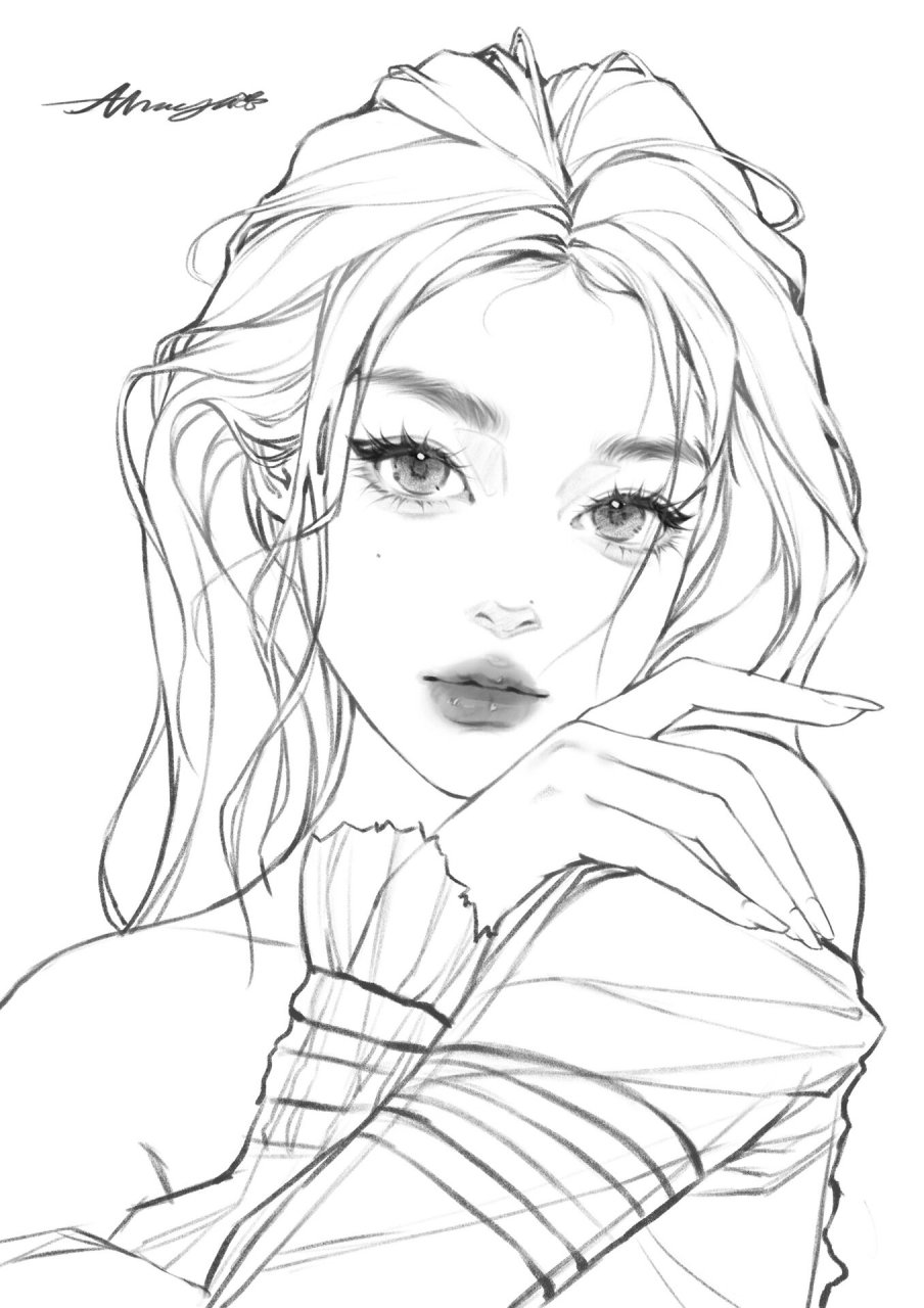 长发女生线稿合集♡女生头像♡可自取上色 整理了一下画过的长发