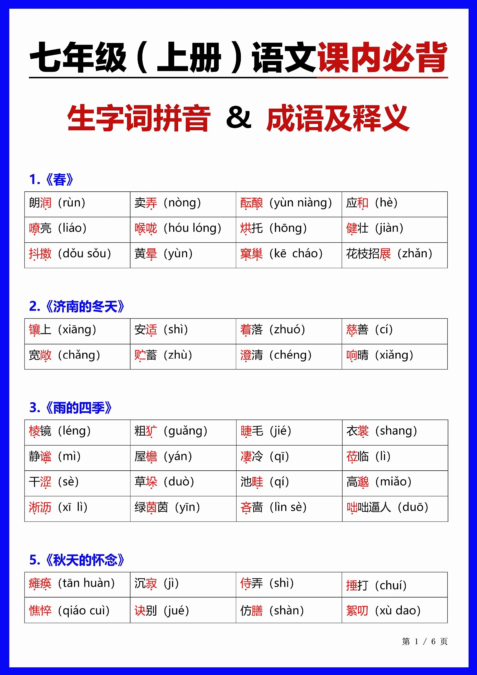 73七上语文必会的重点字词成语解释