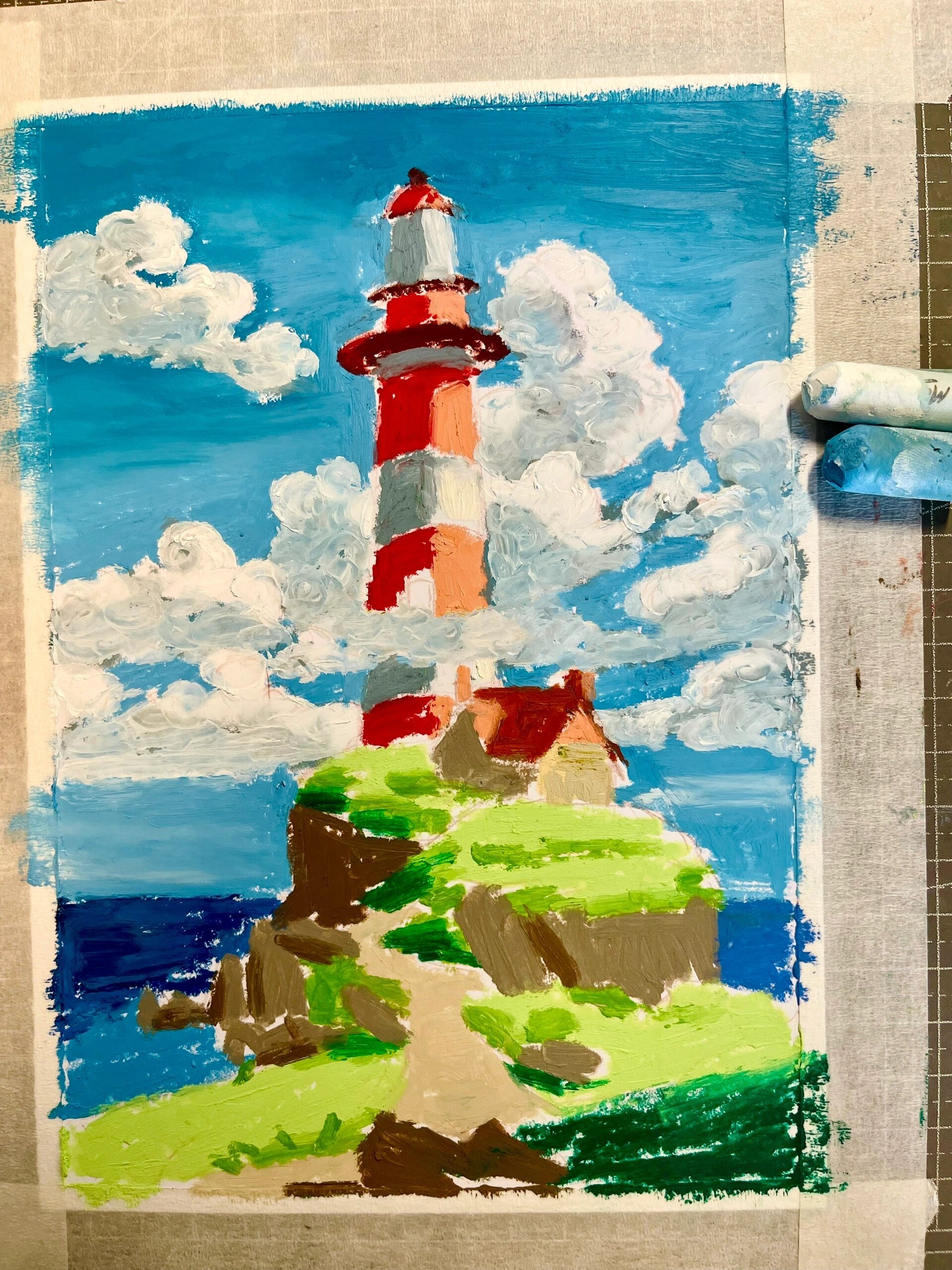 油画棒|悬崖上的灯塔(附过程图)no.253
