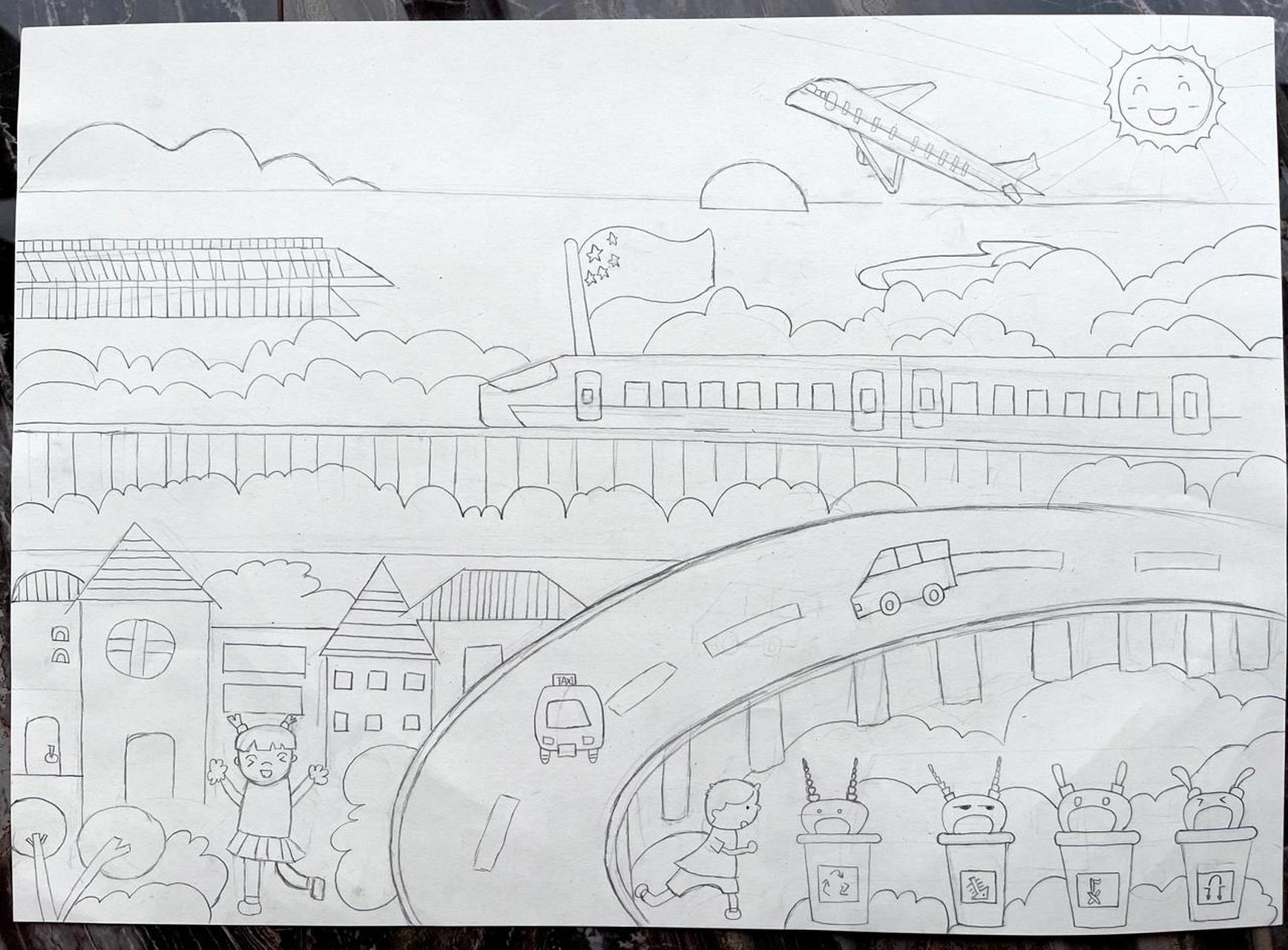 共创文明城市儿童绘画 放假在家没事 临摹改编了一幅儿童简笔画