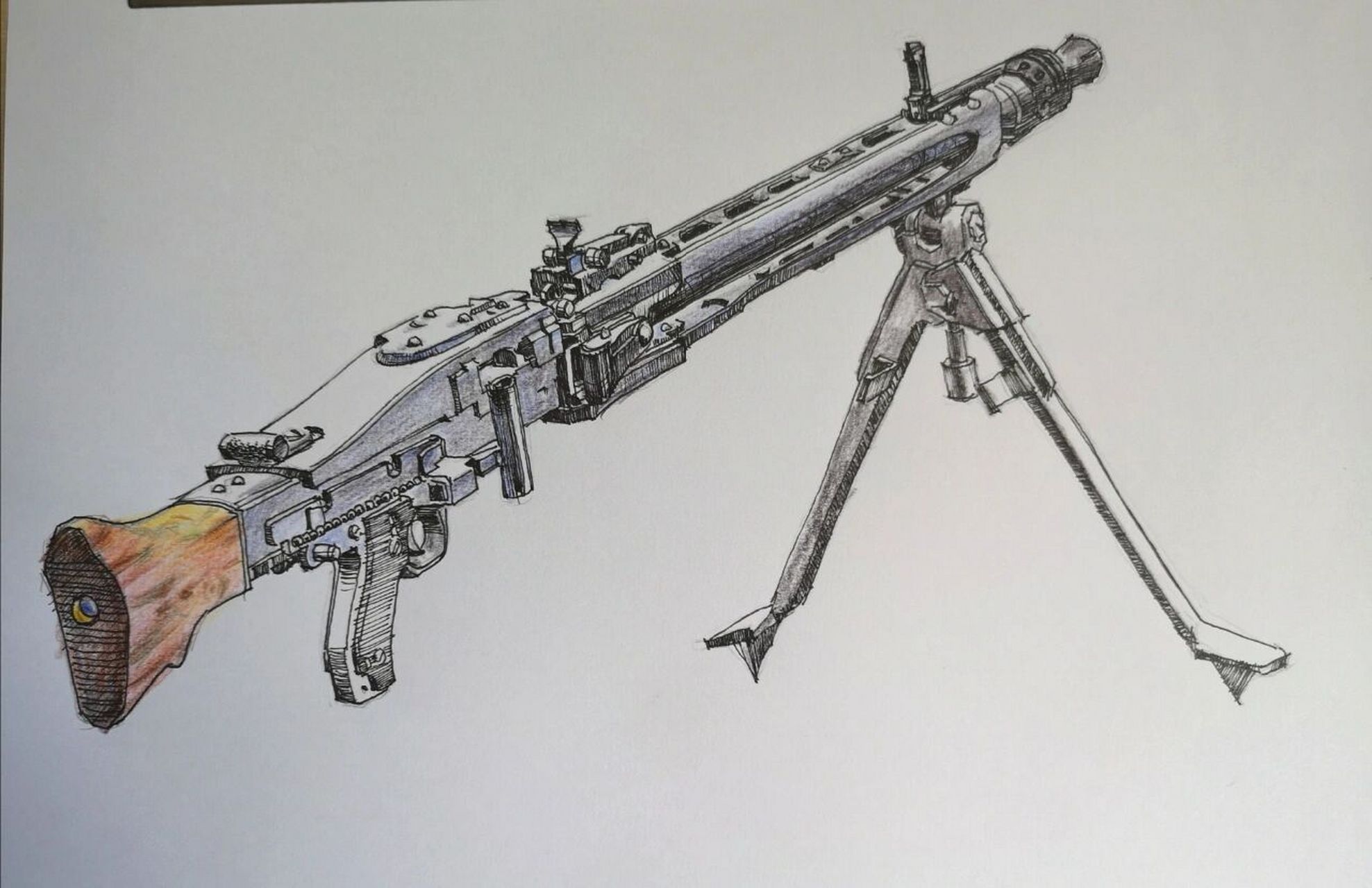 随手画,钢笔彩铅德国机枪 过程图 普通a4纸画的德国二战著名机枪mg42