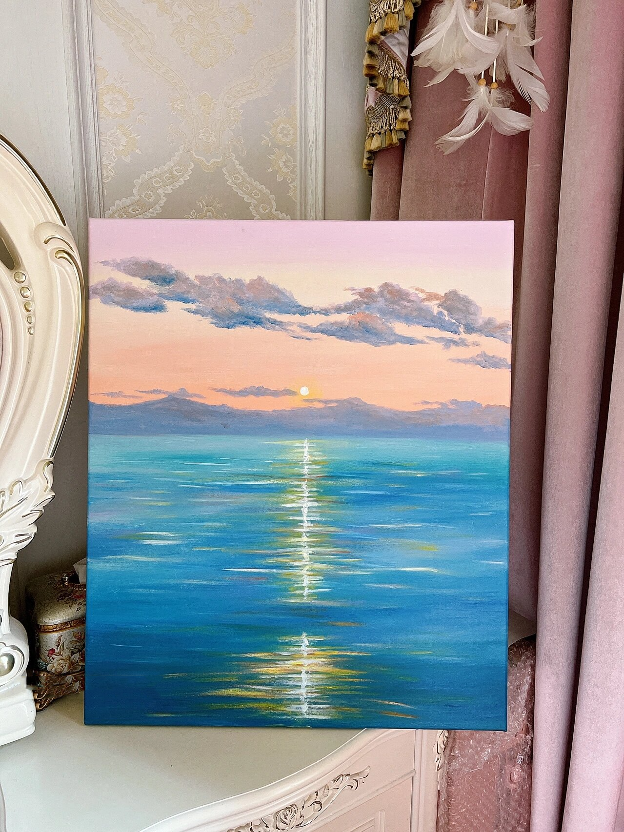 丙烯画|日出的海|手绘风景画旭日东升