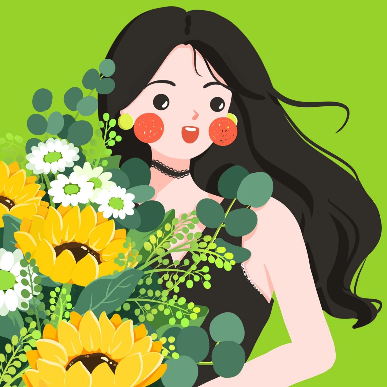 插画头像 · 21  | 捧向日葵花束的可爱女生 向日葵