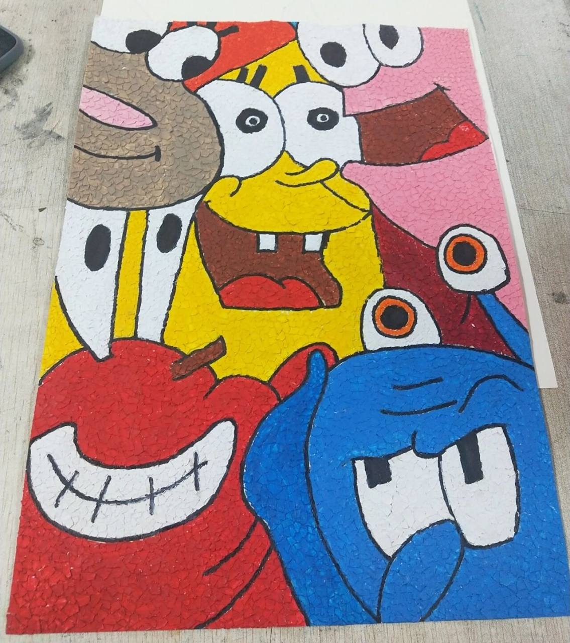 《海绵宝宝》蛋壳画 材料:鸡蛋壳,白乳胶,八开素描纸