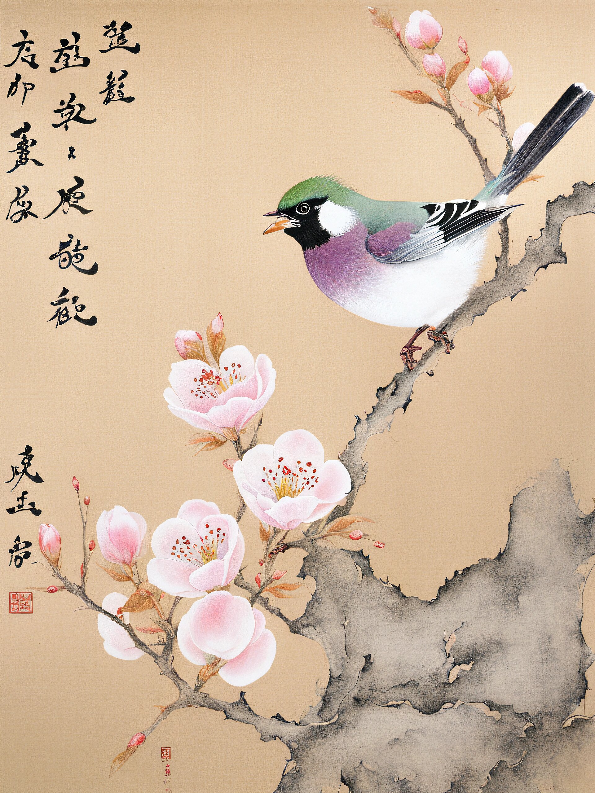 粉墙影里寒梅立,小鸟栖花枝.
风轻轻,声入耳,月影婆娑满庭好,花