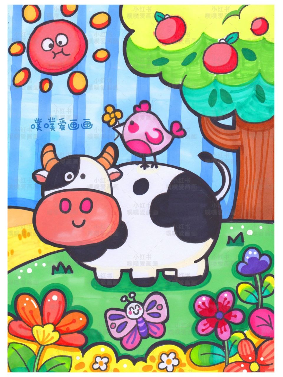 90可爱牛牛儿童画(马克笔 线稿) 原创主题画分享,造型构图简洁,好学