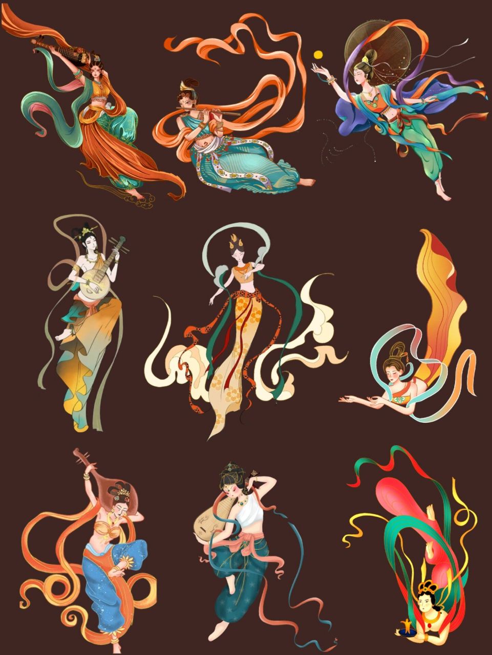 98今日分享『敦煌飞天美人』免抠素材  敦煌唐代的壁画中,飞天几乎