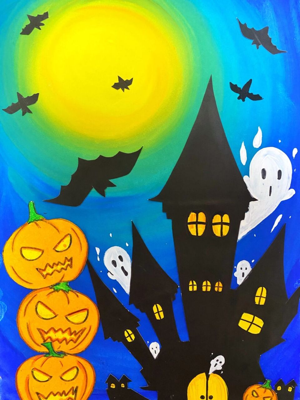 万圣节儿童画 #儿童画# #水粉##手工#卡纸##油画棒# #万圣节# 一幅