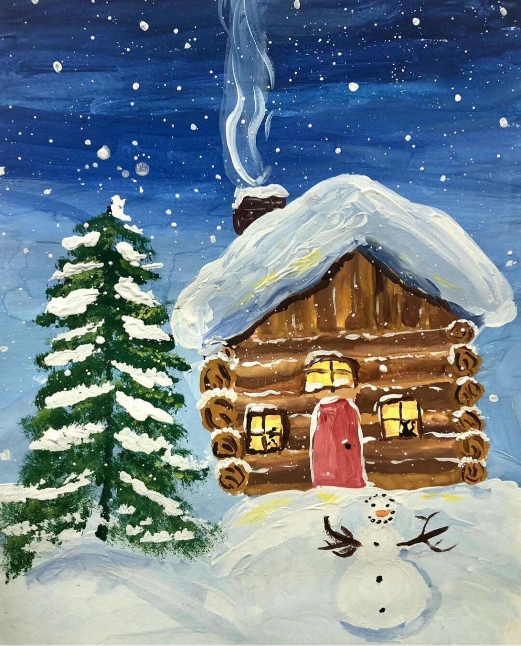 中班大班小朋友的水粉画作品冬天的雪房子 圣诞节主题水粉画:冬天的