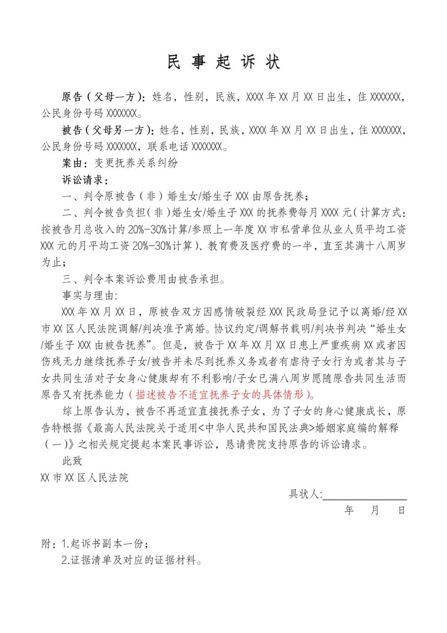 自取6015变更抚养权9290的起诉状范本99 抚养权可以变更吗?