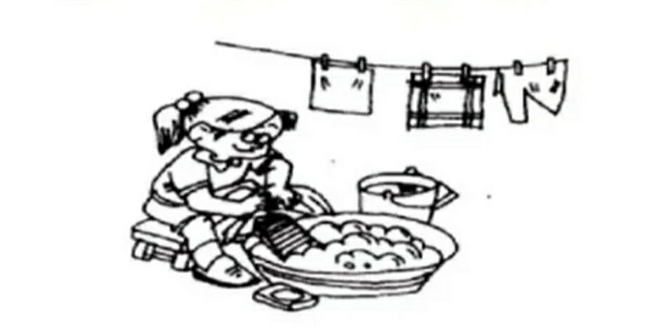 看图写话 洗衣服 星期日上午妈妈去加班了,小红写完作业后看见盆里有