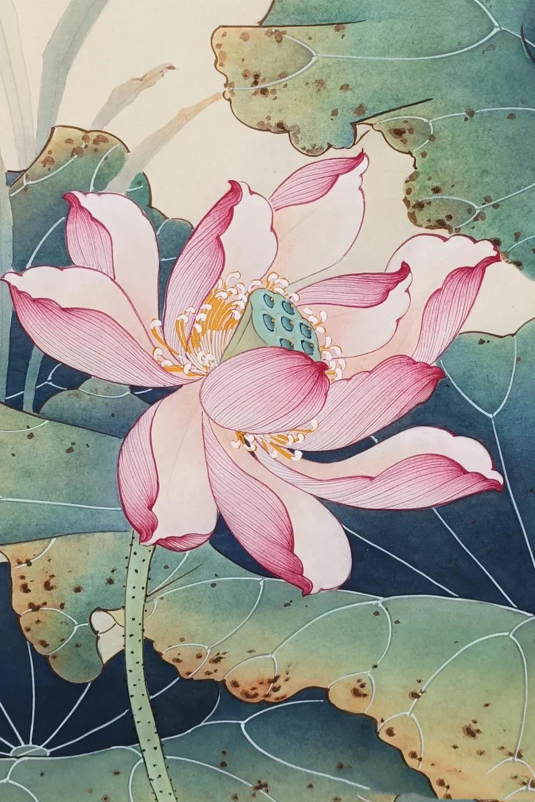 工笔画,细腻入微,用淡墨精心勾勒荷花轮廓,连花瓣的脉络,荷叶的纹理都