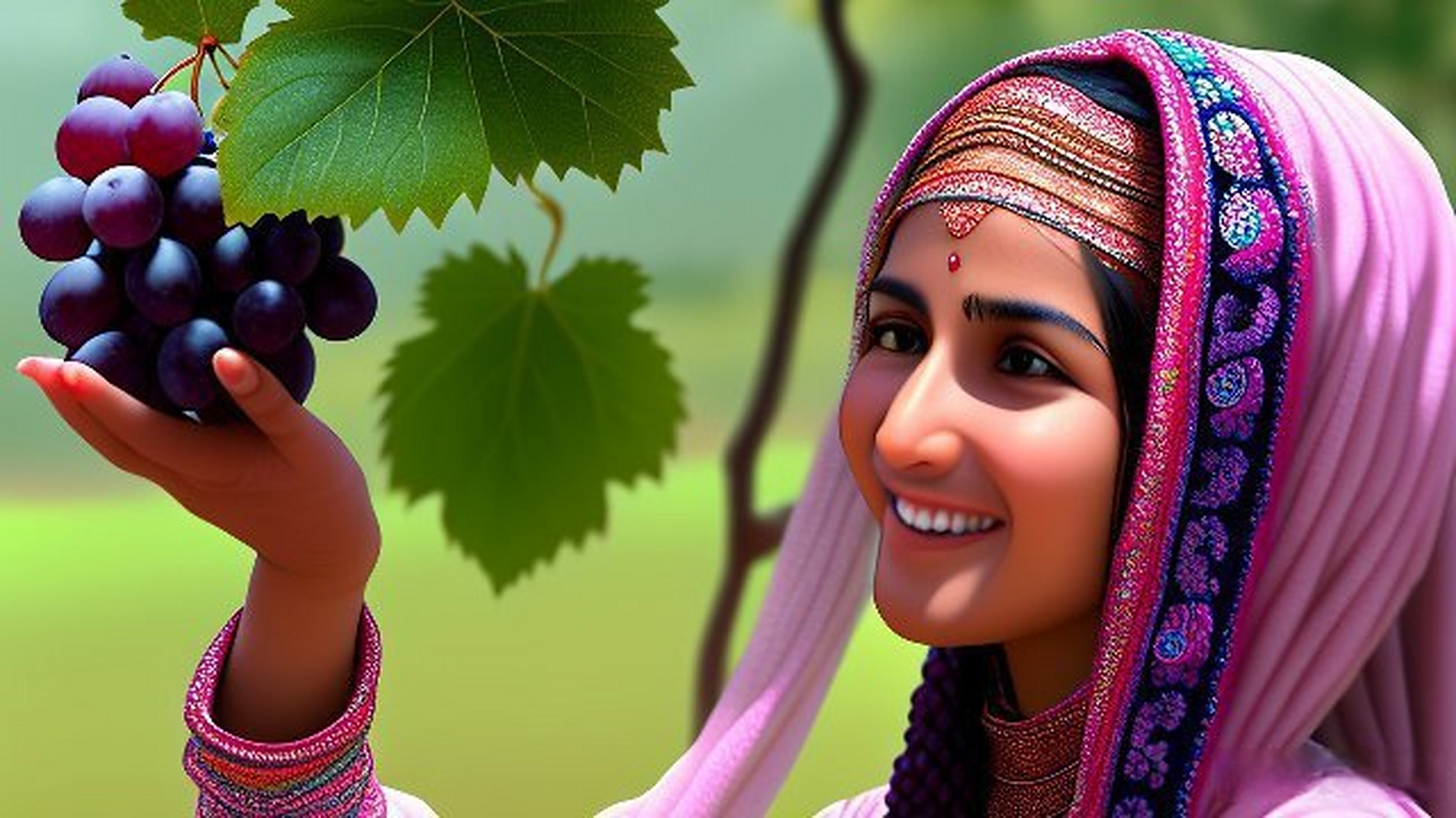 百度文心一格 新疆姑娘 吐鲁番摘葡萄