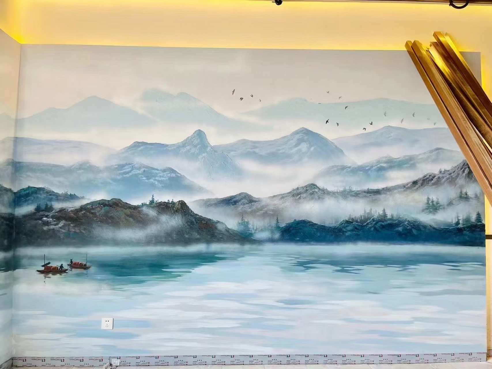 墙绘|背景墙浮雕画新中式山水手绘 背景墙浮雕画手绘山水画