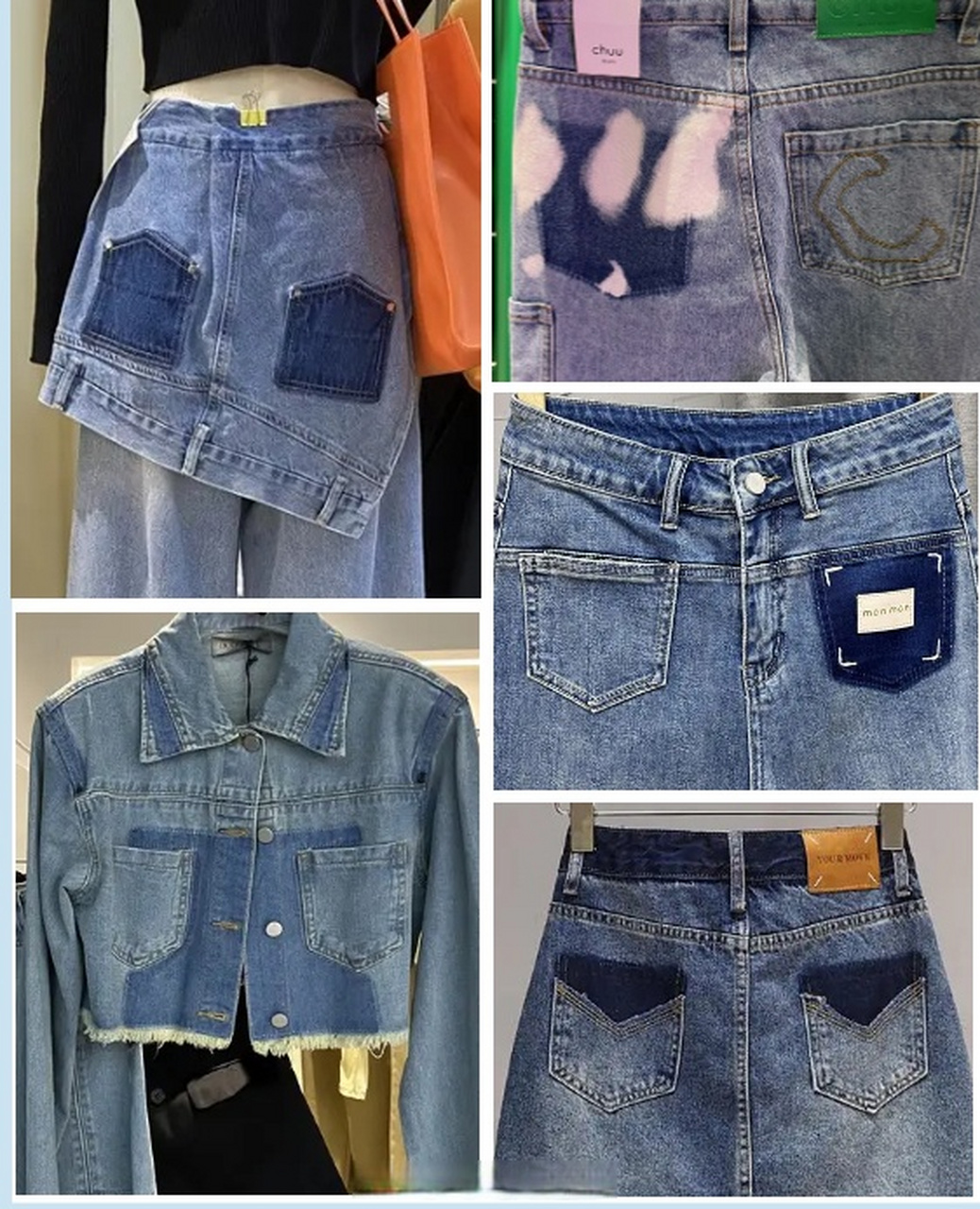 女装拆洗袋印重点工艺 运用牛仔特有的水洗工艺,在缝制袋布进行水洗再