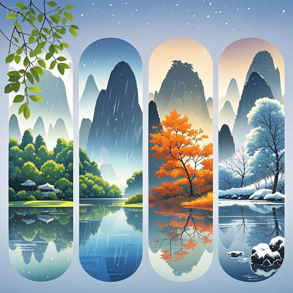 湖水,山形, 水反射,梦幻蓝色背景,中国古代的极简水墨,柔和的渐变色彩