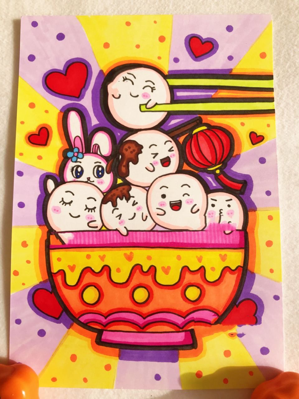 冬至新年兔年主题儿童画——汤圆/元宵简笔画