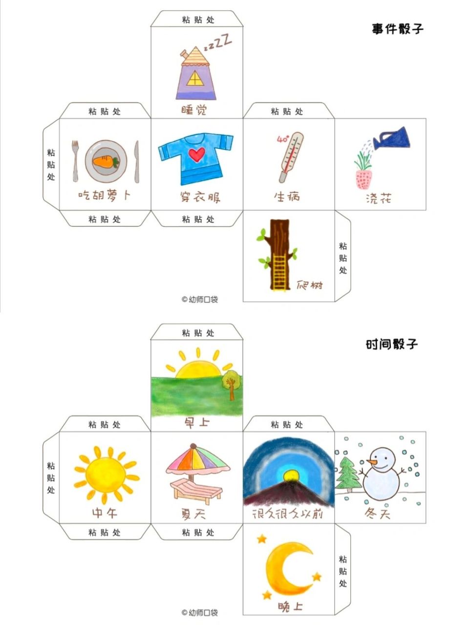 语言区故事骰子自制玩教具可打印素材 故事创编 时间 地点 人物 时间