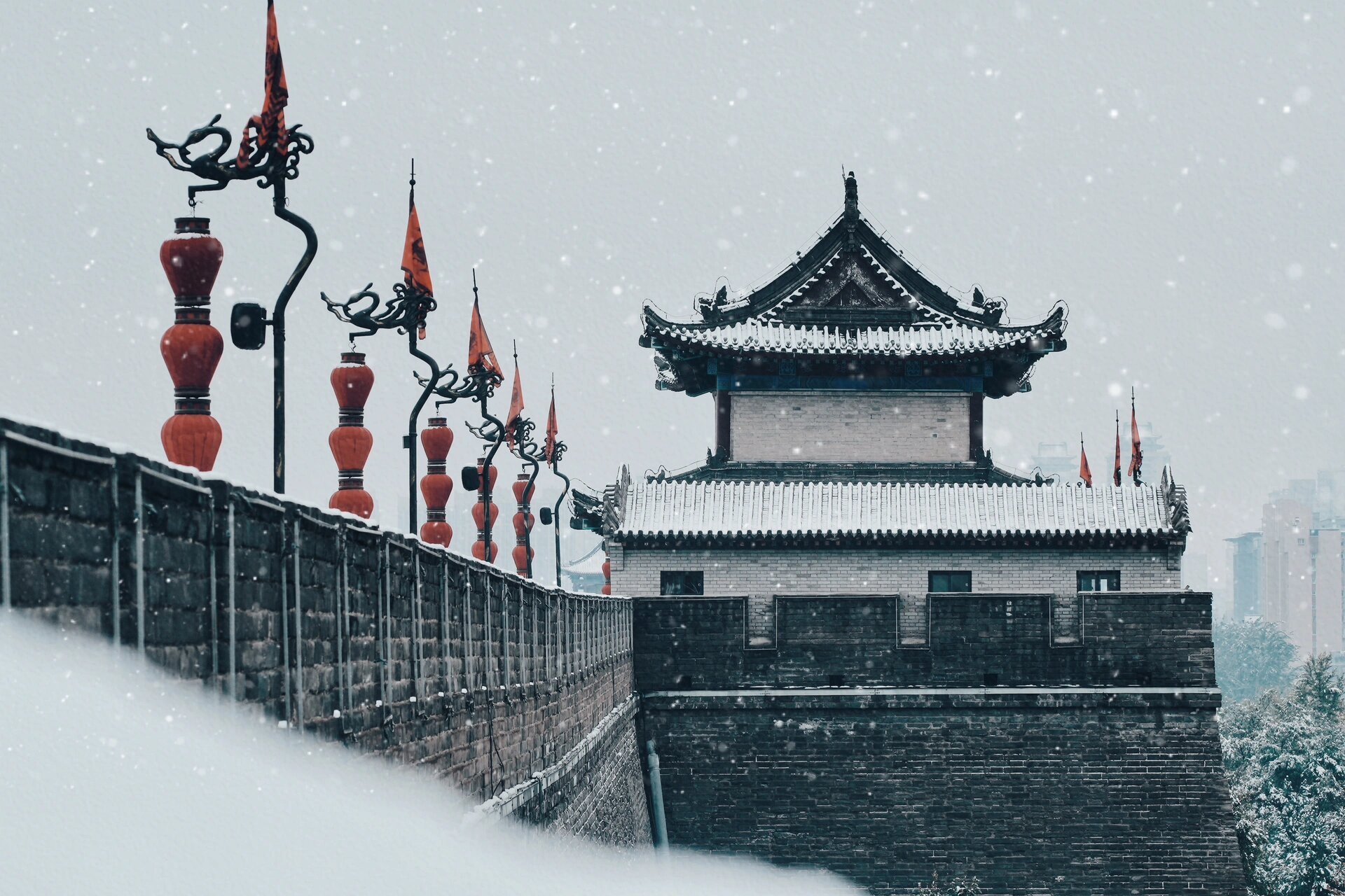 西安古城雪景图片