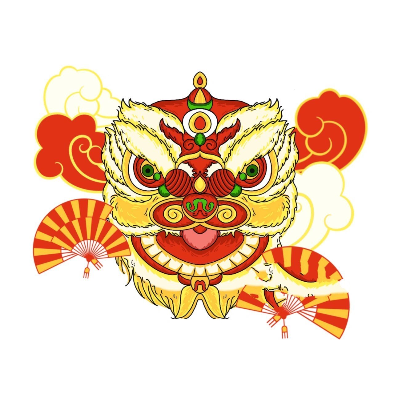 国潮风新年舞狮头插画小元素 还有十几天就过年啦,最近在疯狂