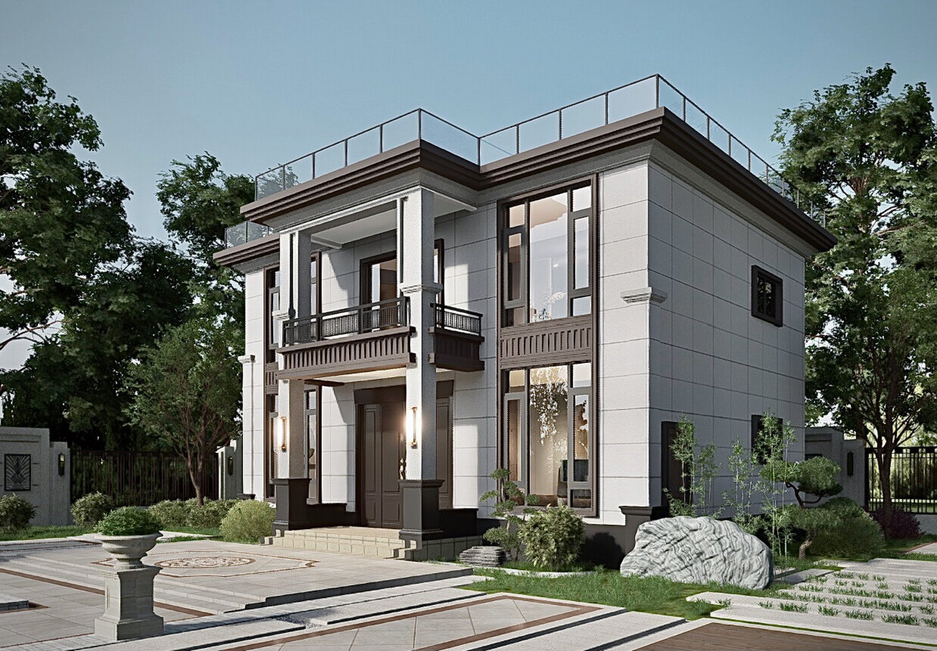 新中式别墅外观效果图两套