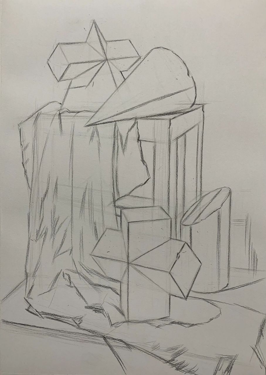 素描组合几何体 1,用中碳定好各个物体的比例,画出确定的形体,注意