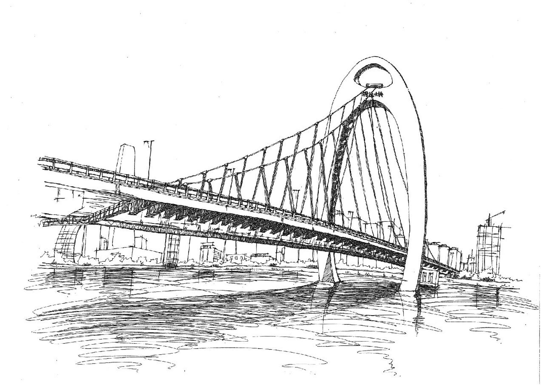 原创广州建筑手绘|广州加油 原创广州地标建筑手绘猎德大桥广州塔圣心