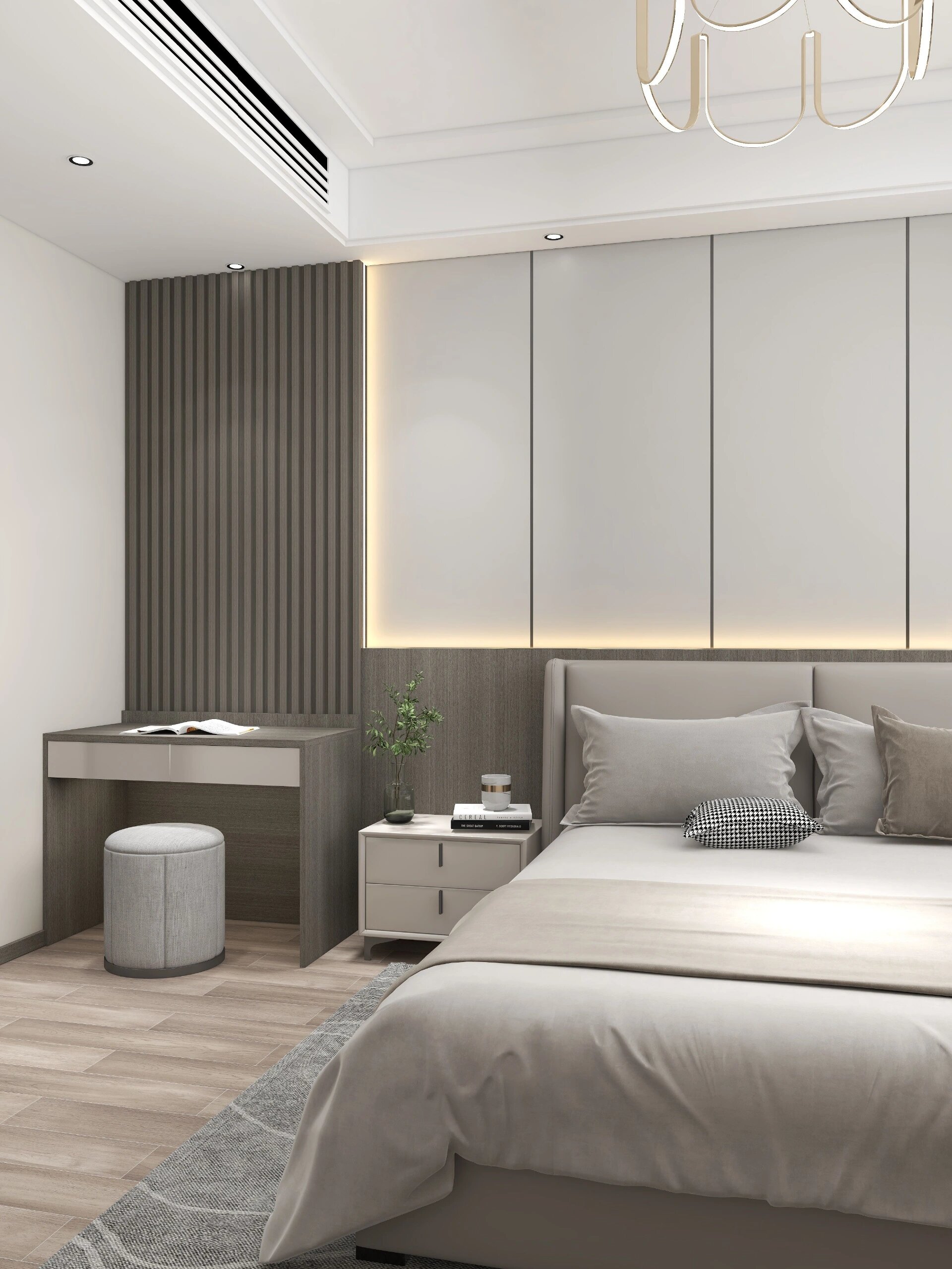 简约又高级的床头背景墙,效果图设计,代做 下方半墙裙的深色木纹板