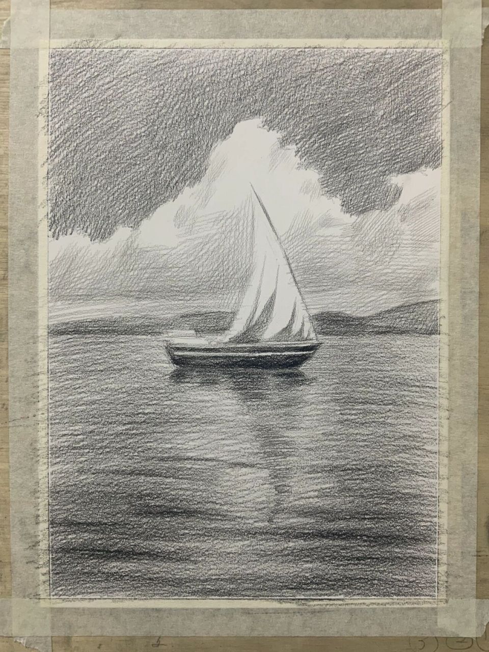 海上帆船 素描风景画 简单好学的素描风景,用炭笔画的呦