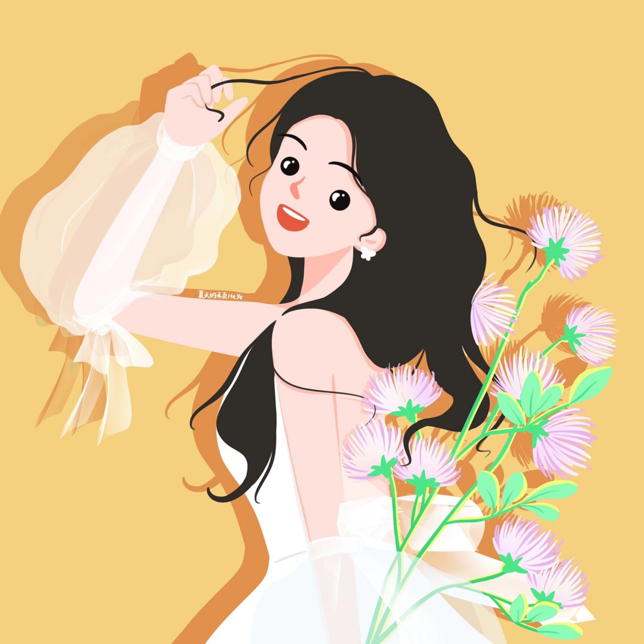 插画头像 | 蓝天下拿花花的可爱女生 风轻轻吹过,回眸的灿烂笑容
