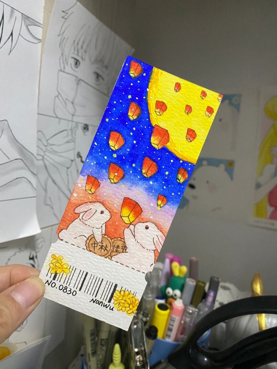 自制中秋书签92(附过程)中秋快乐哦 提前做个中秋主题的书签,画了我