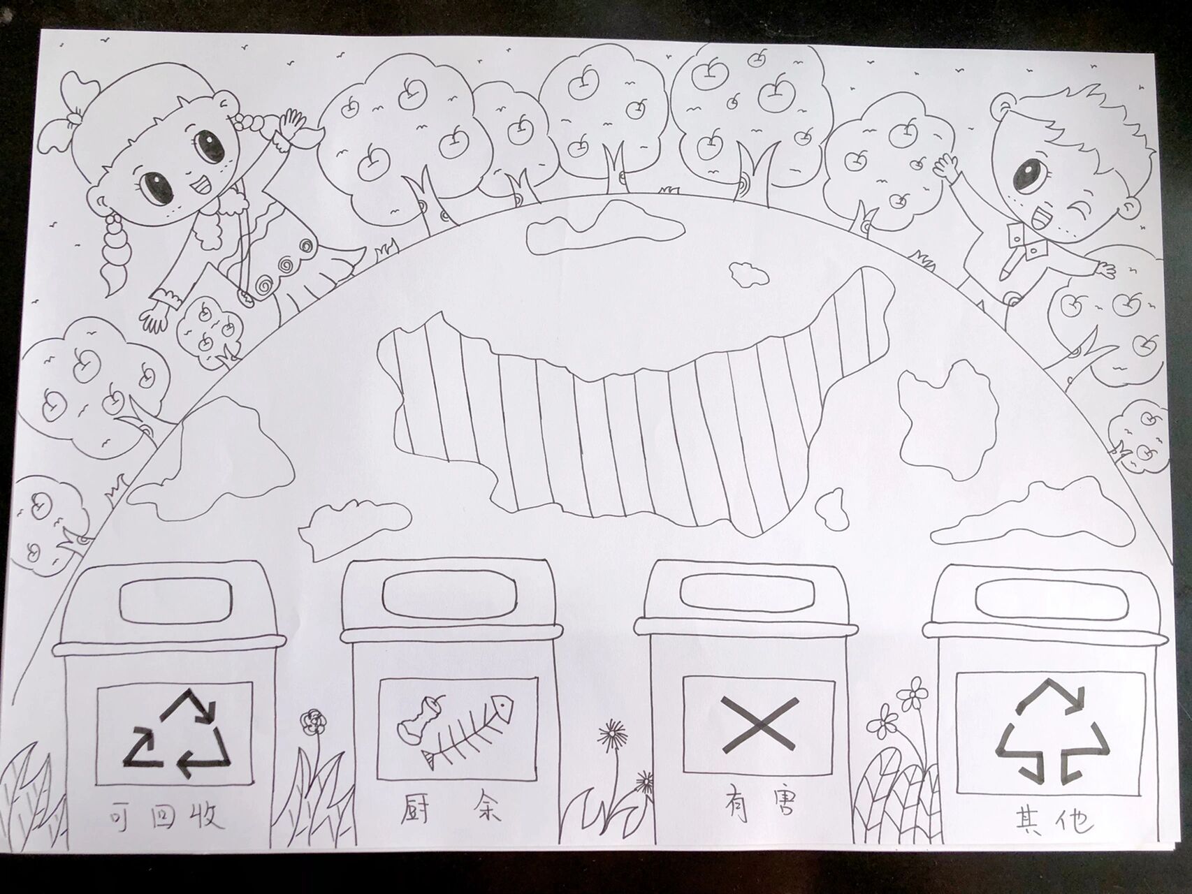 儿童主题画,考编面试画 今日主题《垃圾分类》《环保》 "环保"这个
