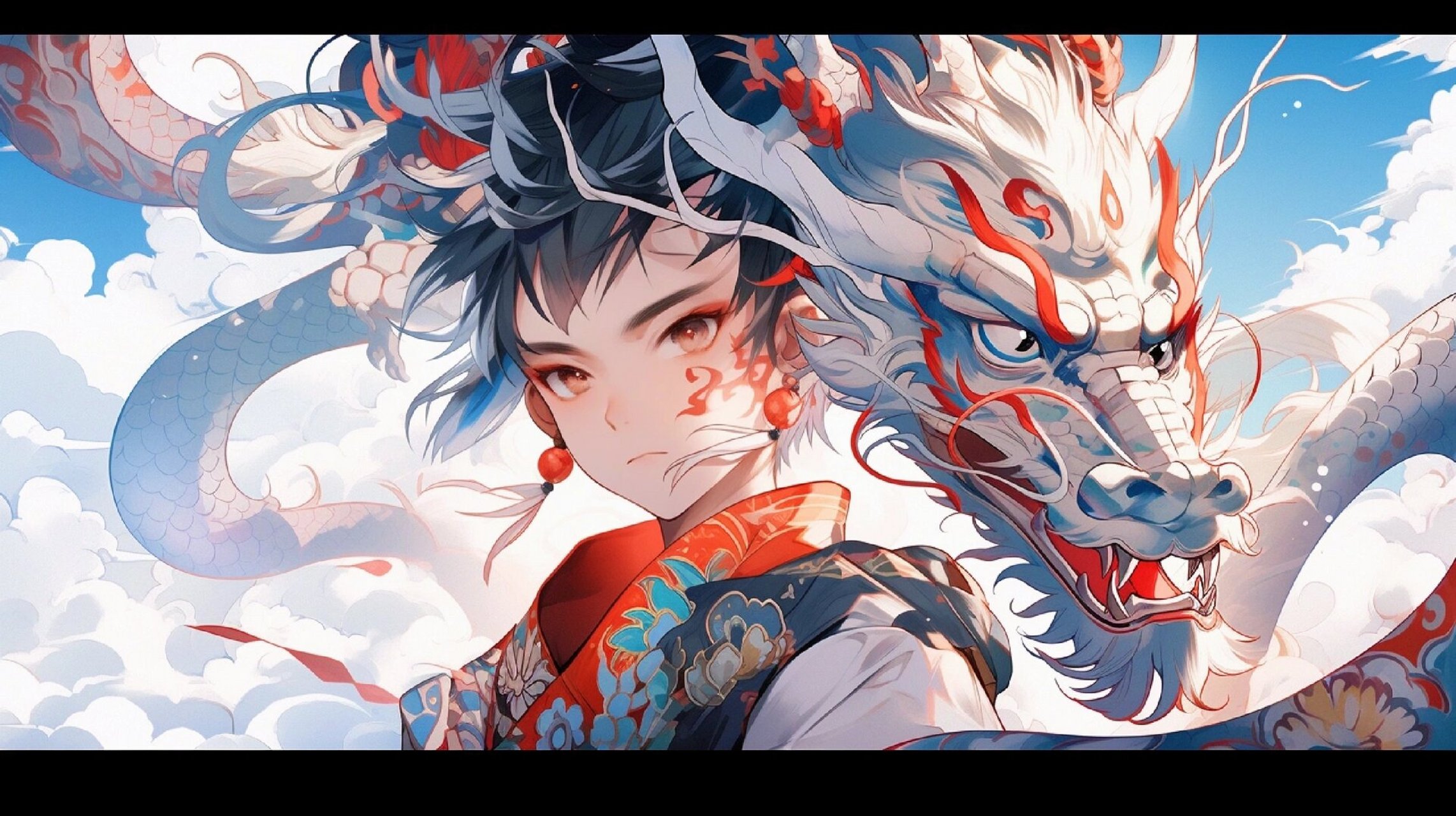 国风|动物拟人——中国龙 青红色,中国龙,少年,祥云图案