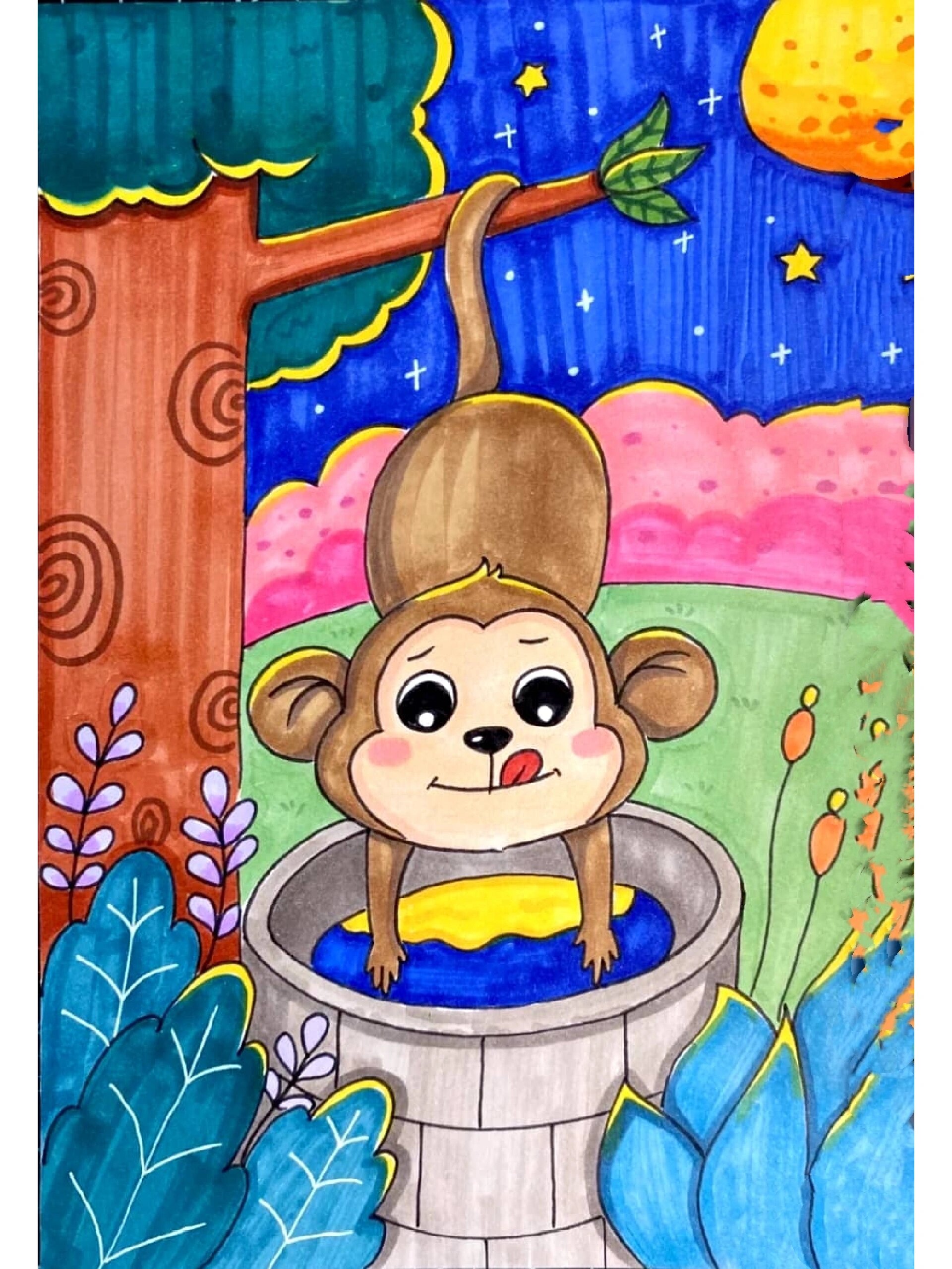 创意儿童画《猴子捞月》年龄7-9岁