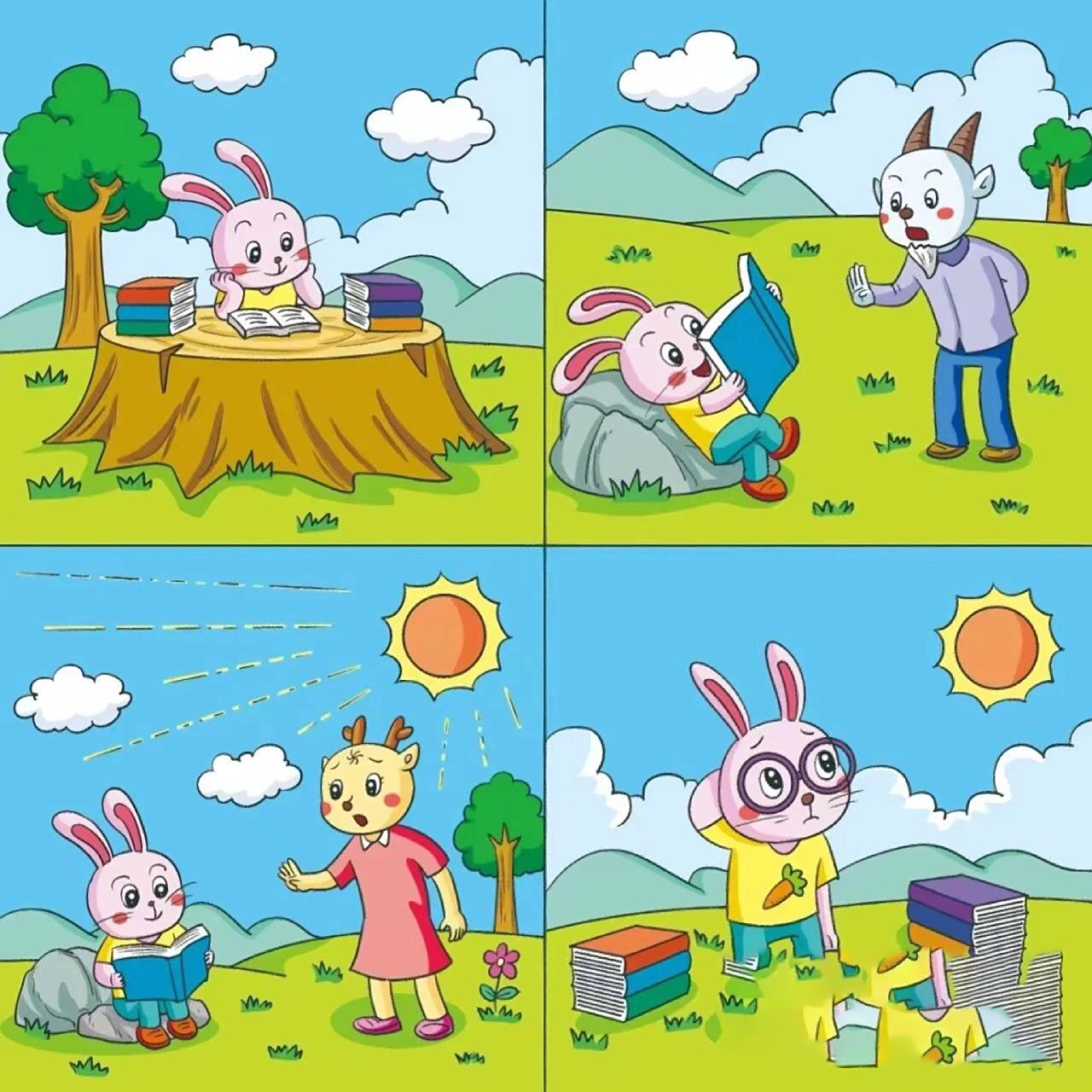 一年级上册看图写话《小兔子近视了》 小兔是个爱学习的孩子,它每天