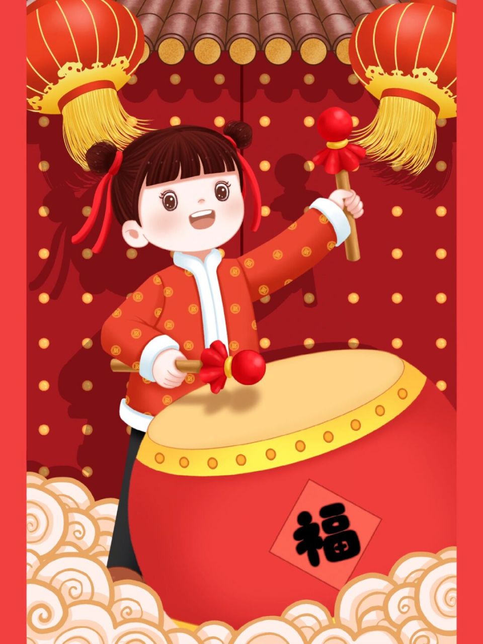 春节插画|红衣女孩带你过快乐的春节 红衣女孩写春联,贴春联,贴窗花