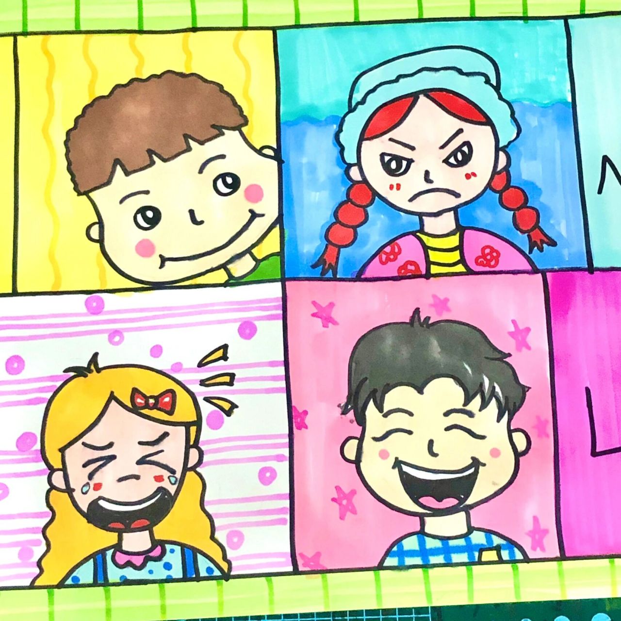 儿童创意画——《喜怒哀乐》 这个示范没有画完 比如喜那一格有示范