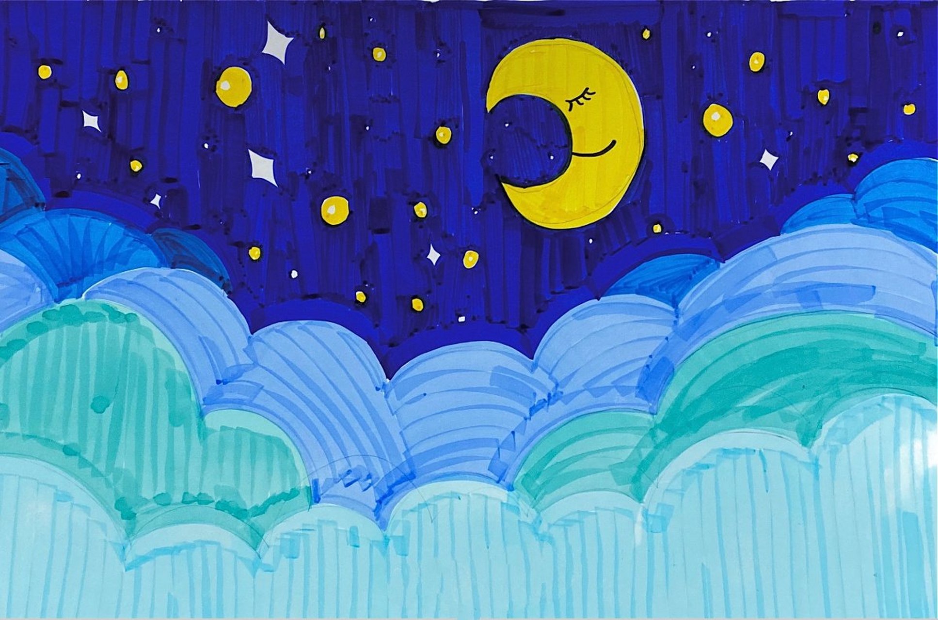 (95/100)星空|星星|月亮|简笔画|马克笔 主题:繁星 儿童画|简笔画