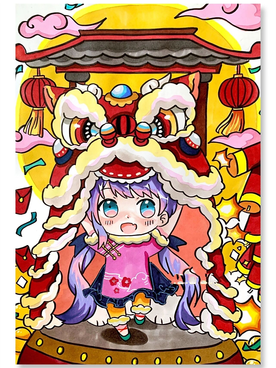 9205虎年新年舞狮动漫人物儿童创意画 人物原图来源于网络 适合