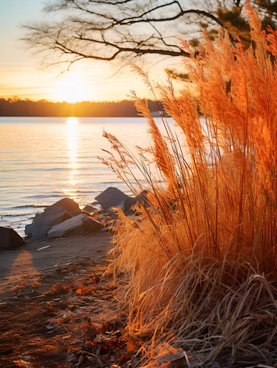 秋日芦苇,湖水倒映落日光!