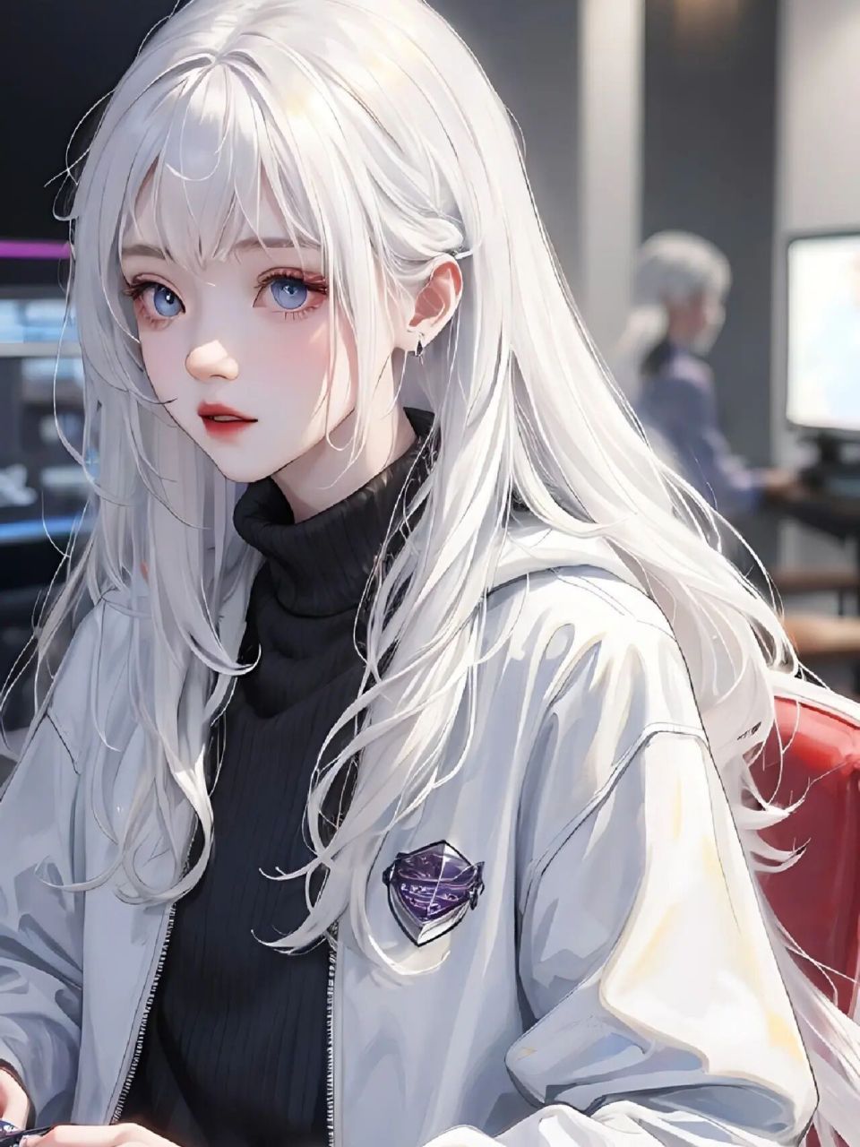 电竞少女|白色系长发玩游戏女孩