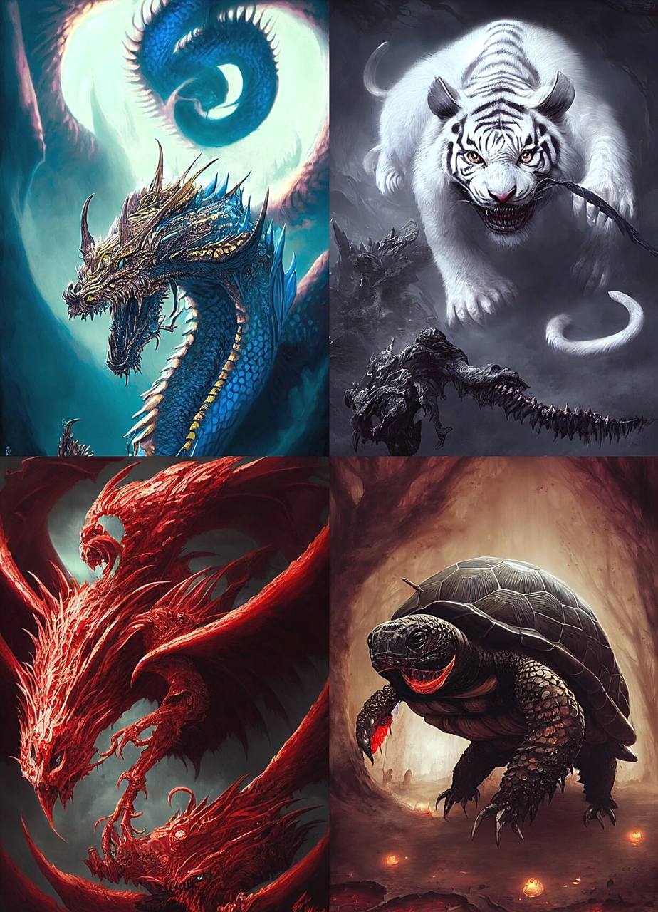 四象神灵,青龙白虎朱雀玄武 麟为百兽之长,凤为百禽之长,龟为百介之长