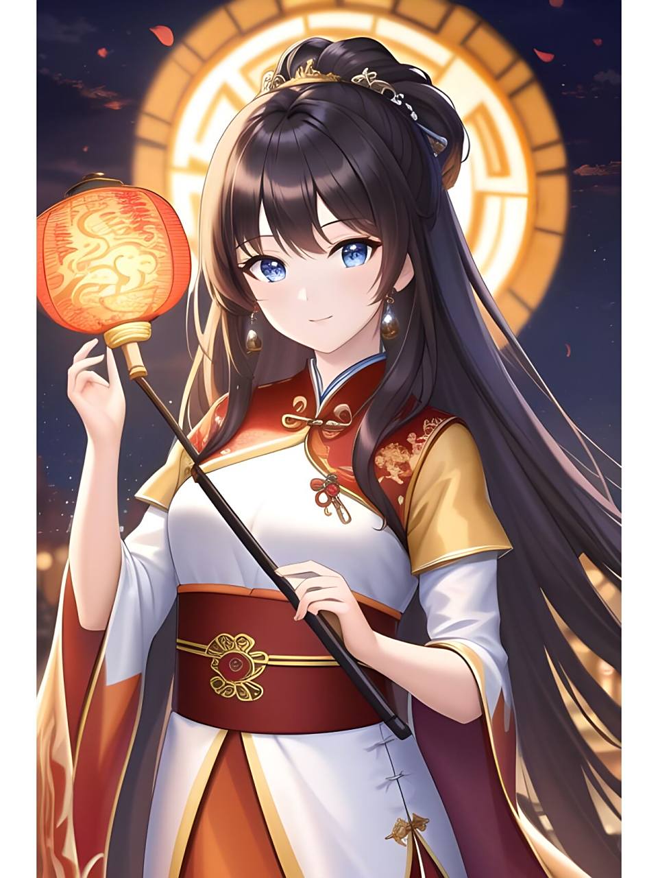 温馨灯光下的汉服裙装女子,动漫二次元绘画