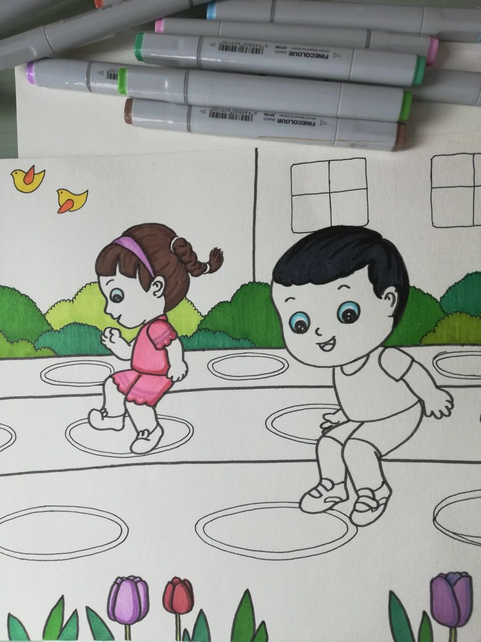 原创主题画运动场上 儿童画幼儿园里快乐多