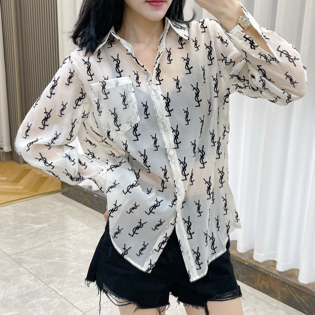 ysl植绒满logo纱感衬衫 圣罗兰 ysl 植绒纱感衬衫 太高级了 薄薄的