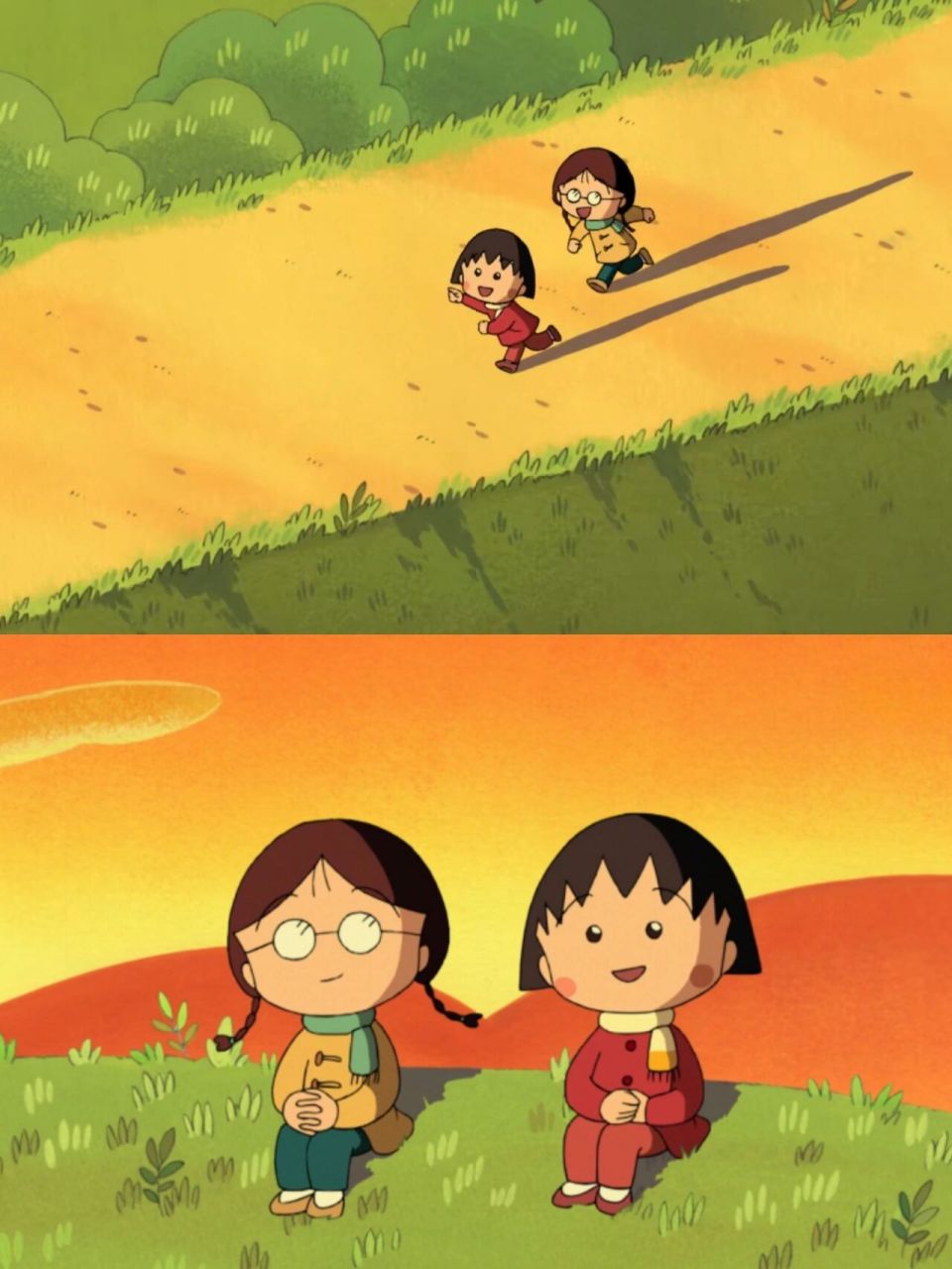 小丸子和小玉看晚霞,画面很美好很治愈7815